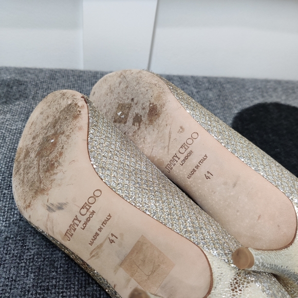 Jimmy Choo Peep Toe Metallic Heels - 41 - Picture 10 of 15